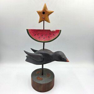 Handmade Hand Carved Folk Art Wood Crow Watermelon Star Primitive Decor Rustic
